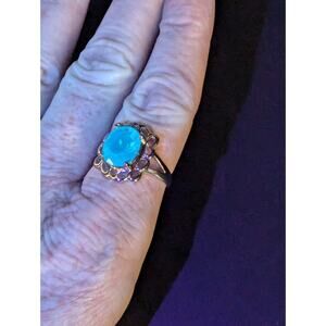 Vintage Silver Tone Teal Glowing Glass Cocktail Filigree Ring It Glows! Size 8